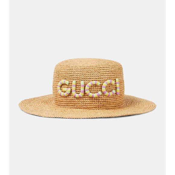 Gucci Logo Straw Raffia Multicolor Patch Hat Medium 57 Womens - Picture 1 of 10